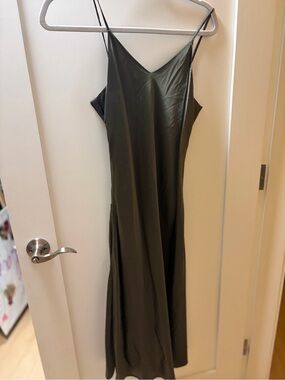 Satin V-Neck Maxi Slip Dress in Olive